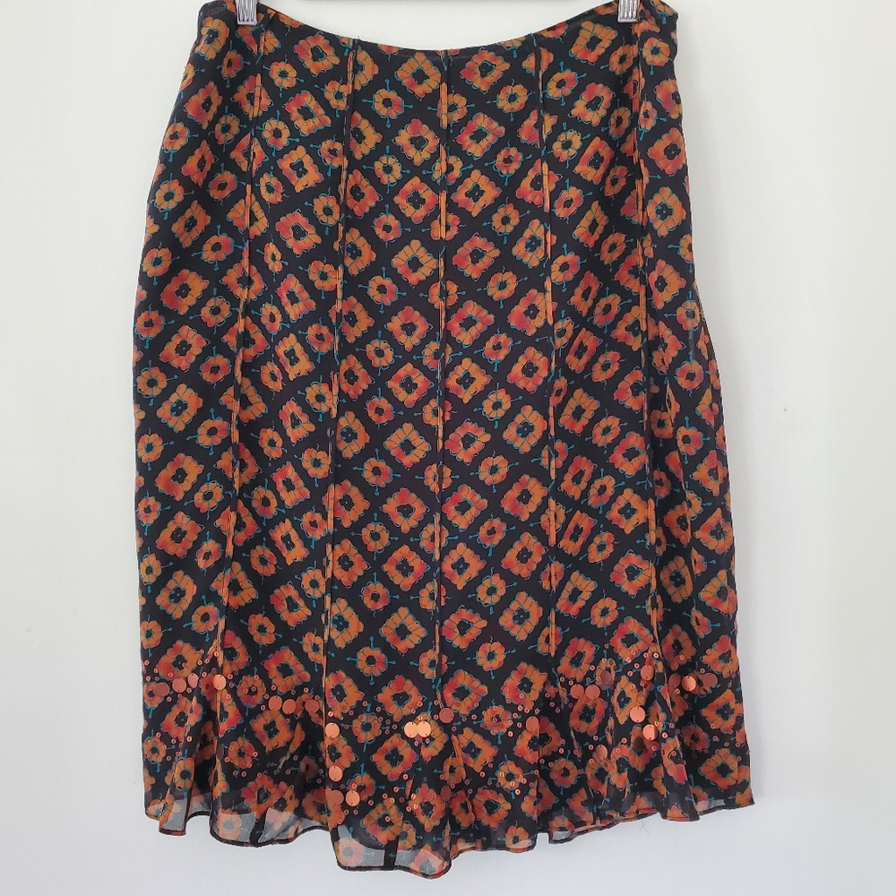 JONES NEW YORK 12 100% Silk Black Rust Print Skirt Copper Sequins Ruffle Hem EUC